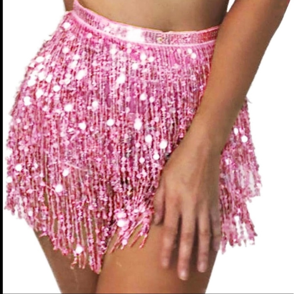 Pink Sequin Fringe Wrap Skirt with Tassels